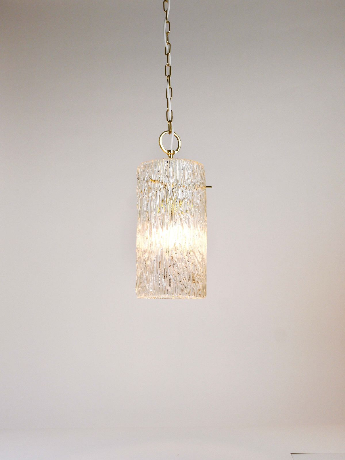 photo furniture J.T. Kalmar Vienna Midcentury Textured Glass Tube Brass Pendant Lamp, Austria