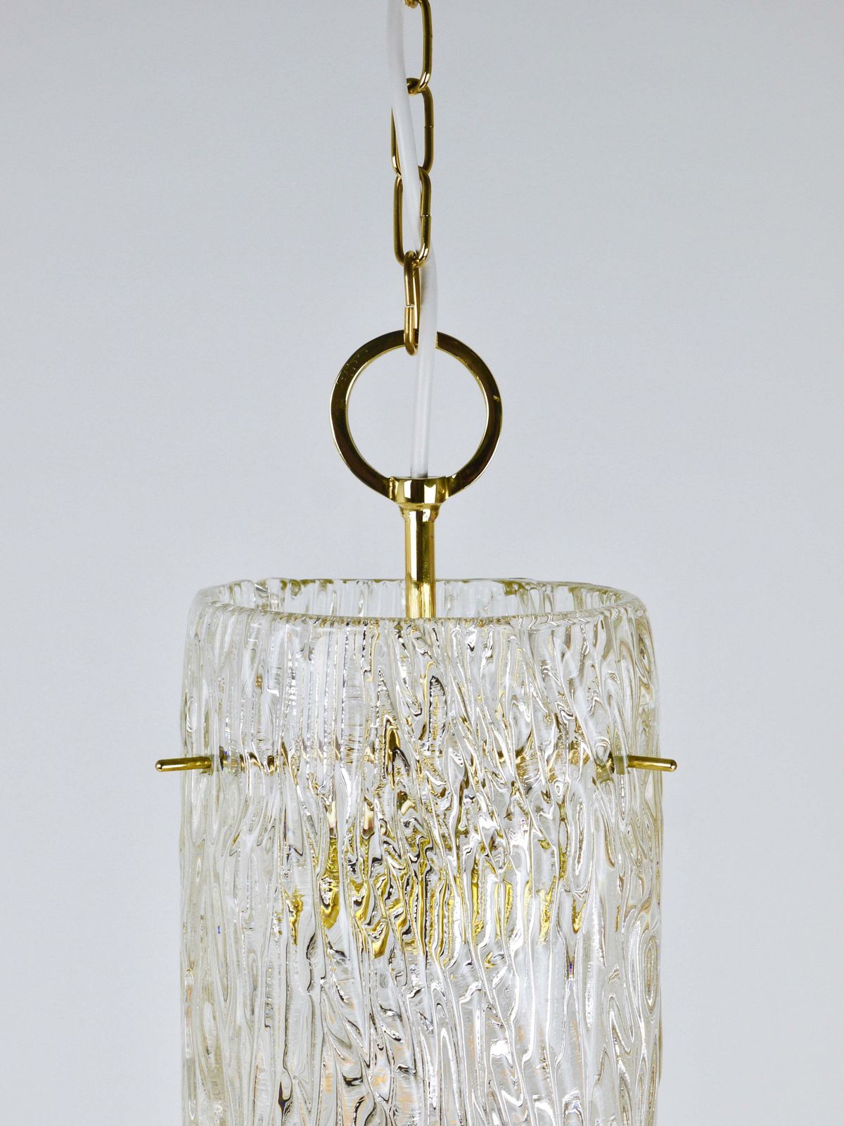 photo vinterior J.T. Kalmar Vienna Midcentury Textured Glass Tube Brass Pendant Lamp, Austria