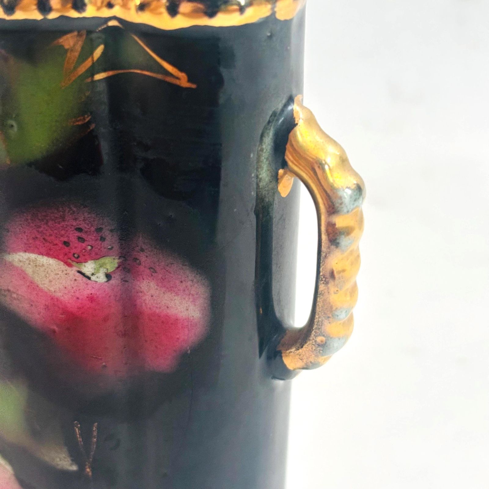59.0 Antique Pair Of Winterton Ware Black Floral Spill Vases C.1920 photo