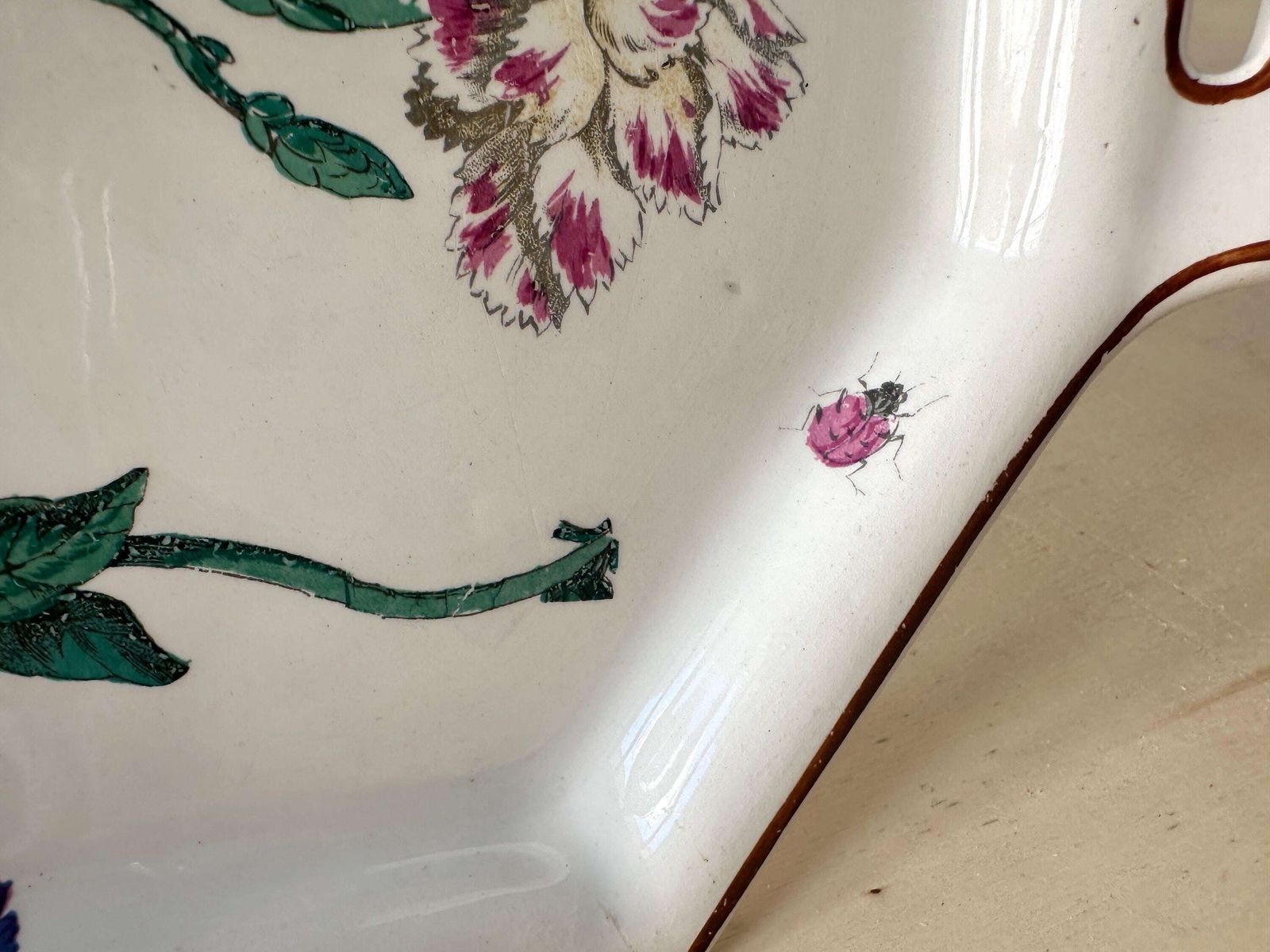 187.0 Antique Gien "Marseille" Large Serving Tray, Floral Decor With Butterflies And Bee, French Earthenware photo