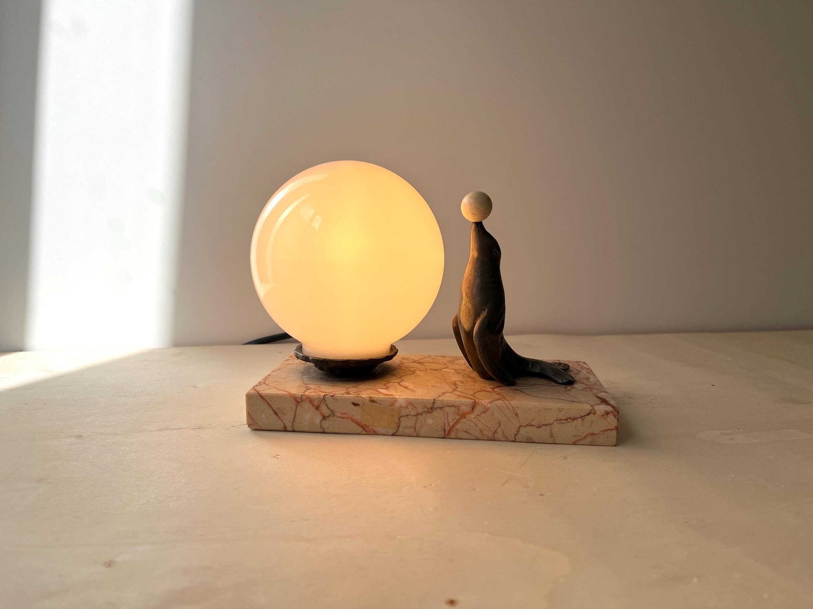 Antique Art Deco Table Lamp In Marble And Spelter, "The Sea Lion Playing With Balloon" 1930's Sphere Lighting photo furniture