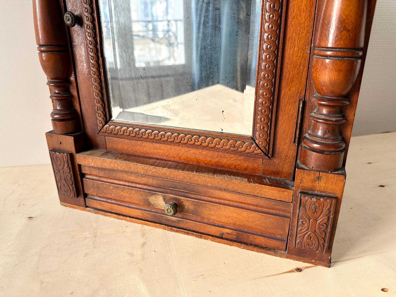 Antique French Wooden Apothecary Cabinet, Medicine Chest With Beveled Mirror And Shell Pediment photo vinterior