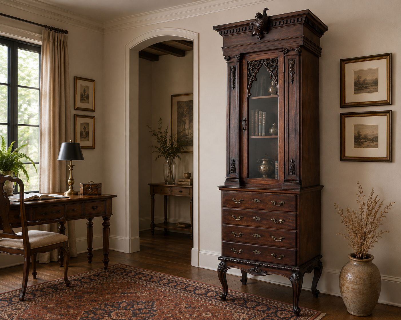 Antique Mahogany Neo Gothic Style Display Cabinet With Chest Of Drawers photo furniture