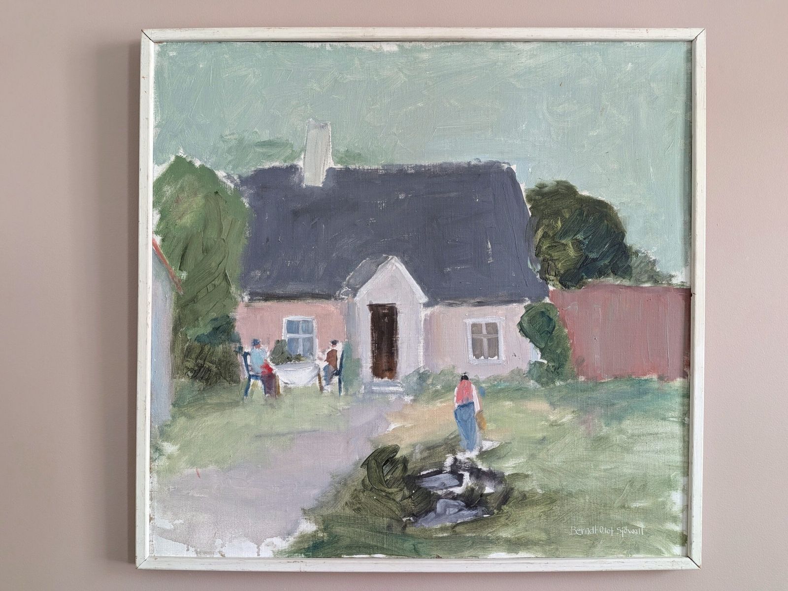 Tuinbijeenkomst in een cottage, olieverf op paneel