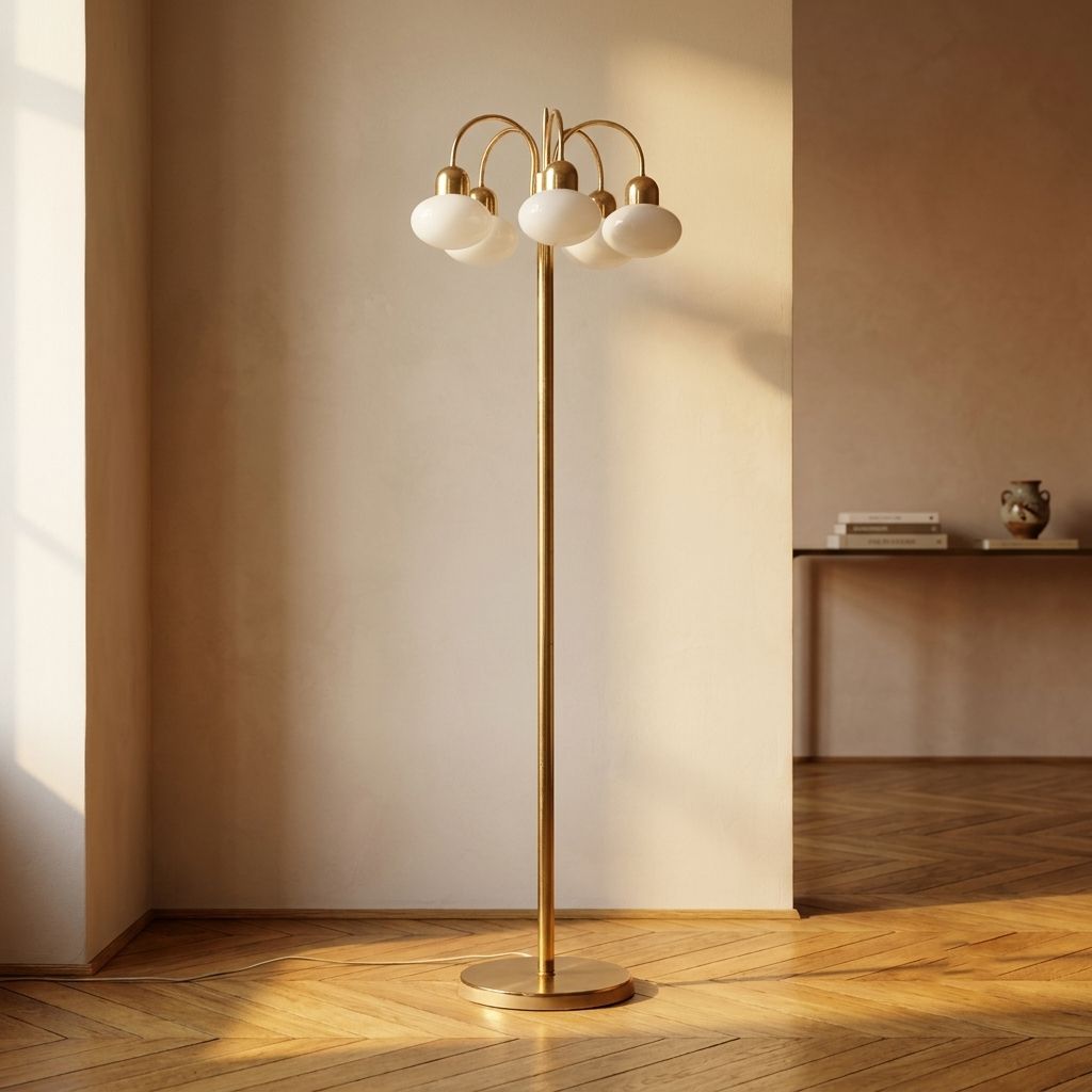 Vintage Vloerlamp van Messing met Vijf Opaline Glazen Kappen, Mid-Century, Tsjecho-Slowakije