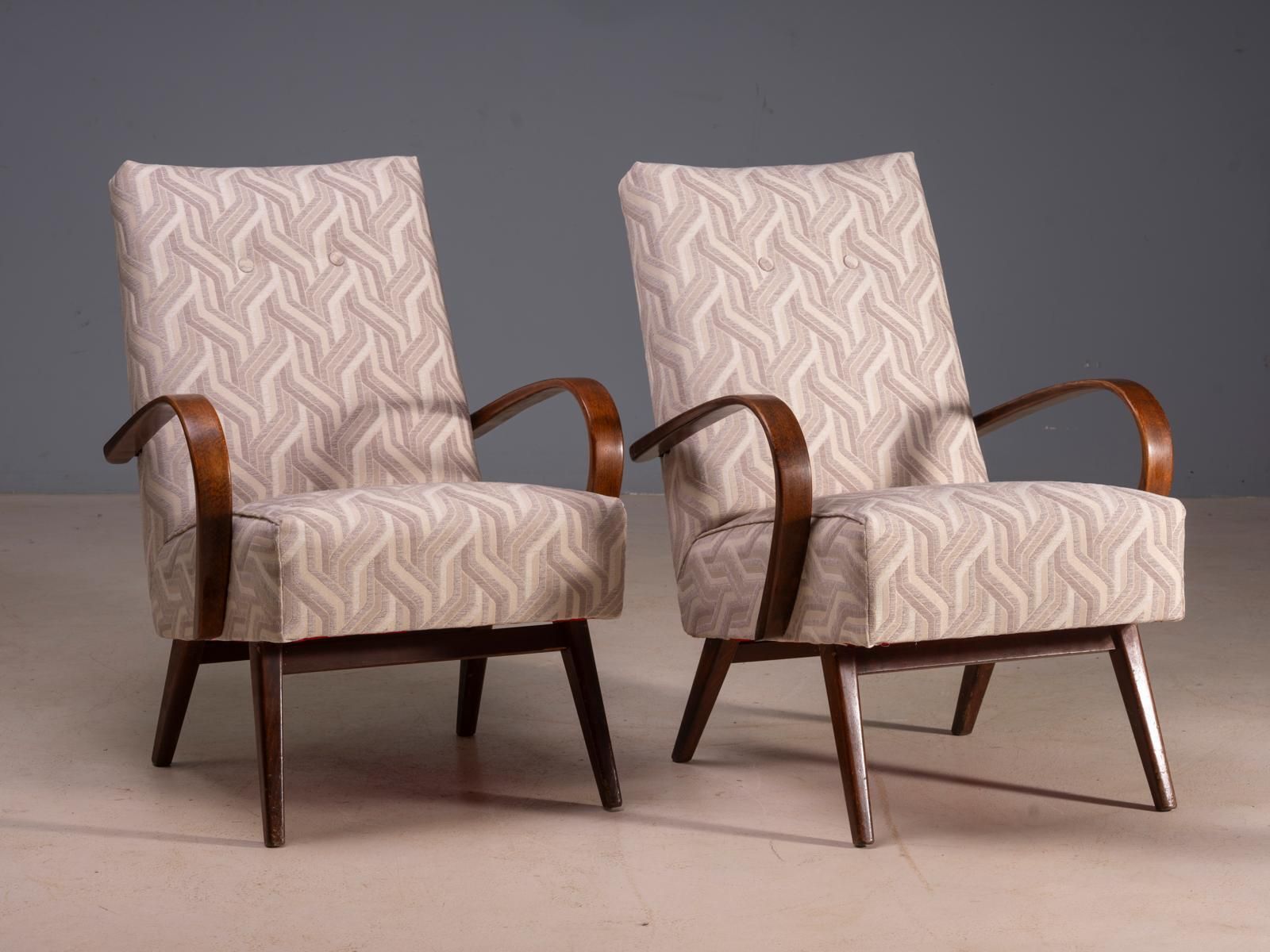 Restored Bentwood Armchairs By Jaroslav šmídek, Pair, Czechoslovakia, New Beige Patterned Upholstery, 61 × 82 × 81 Cm photo Furniture