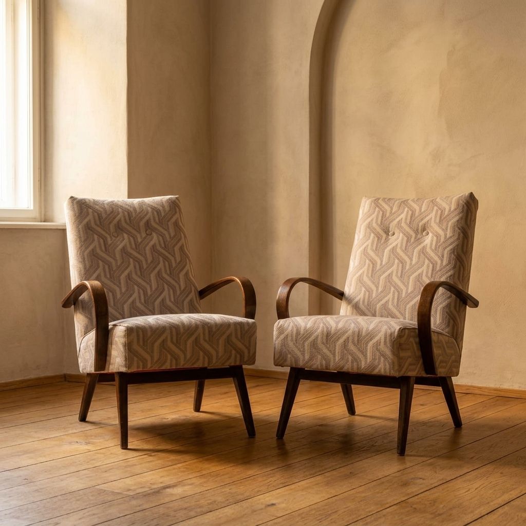 Restored Bentwood Armchairs By Jaroslav šmídek, Pair, Czechoslovakia, New Beige Patterned Upholstery, 61 × 82 × 81 Cm photo buy