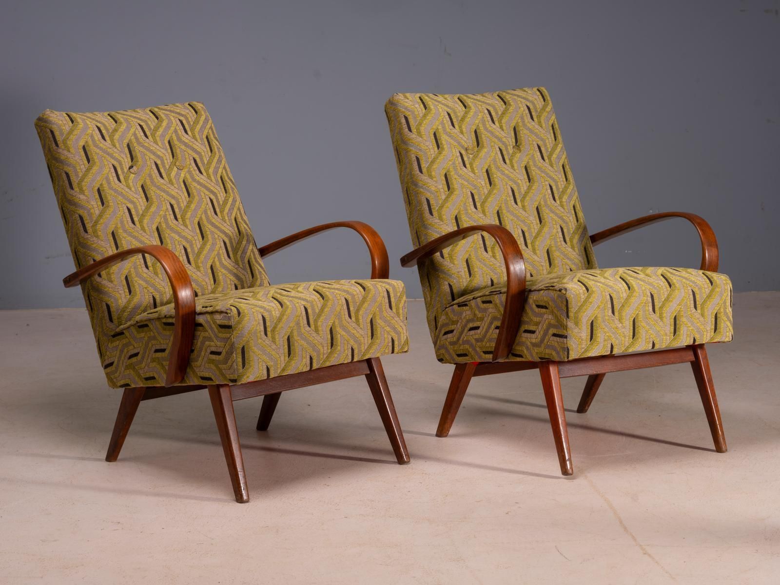 Restored Bentwood Armchairs By Jaroslav šmídek, Pair, Czechoslovakia, New Beige & Yellow Upholstery, 61 × 82 × 81 Cm photo 1789.0