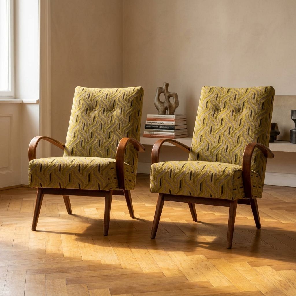 Gerestaureerde Bentwood Fauteuils van Jaroslav Šmídek, Paar, Tsjecho-Slowakije, Nieuwe Beige en Gele Bekleding, 61 × 82 × 81 cm photo vinterior