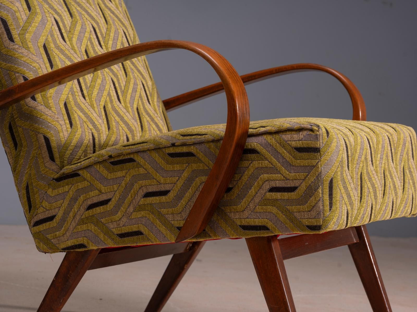 Restored Bentwood Armchairs By Jaroslav šmídek, Pair, Czechoslovakia, New Beige & Yellow Upholstery, 61 × 82 × 81 Cm photo buy