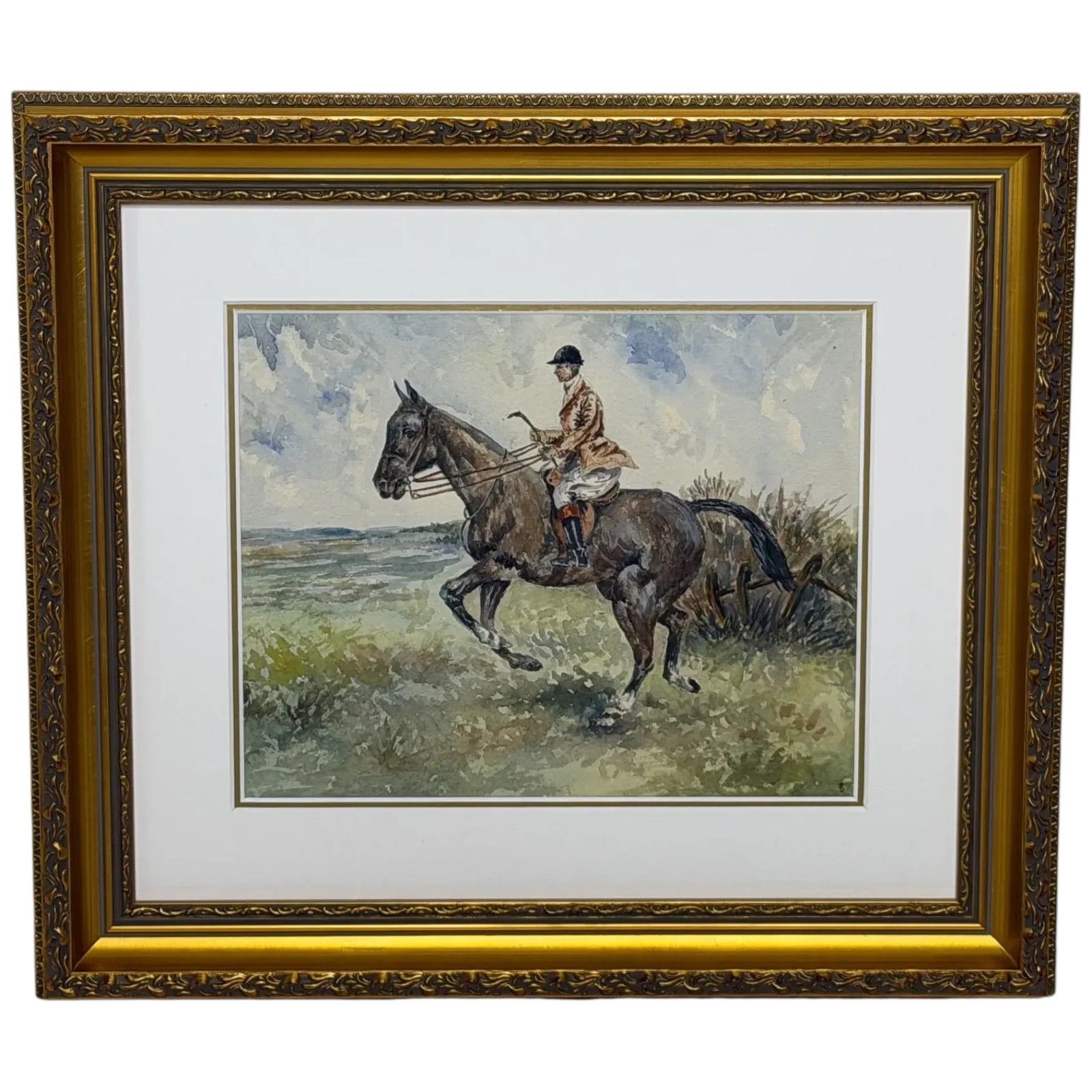 Vintage Watercolour British Sporting School The Huntsman On A Bay Hunter
