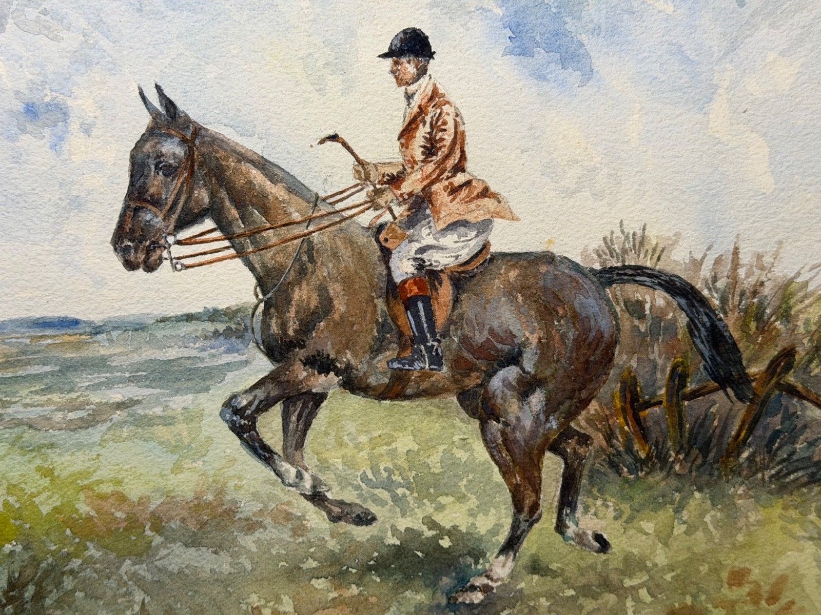 Vintage Watercolour British Sporting School The Huntsman On A Bay Hunter photo for sale
