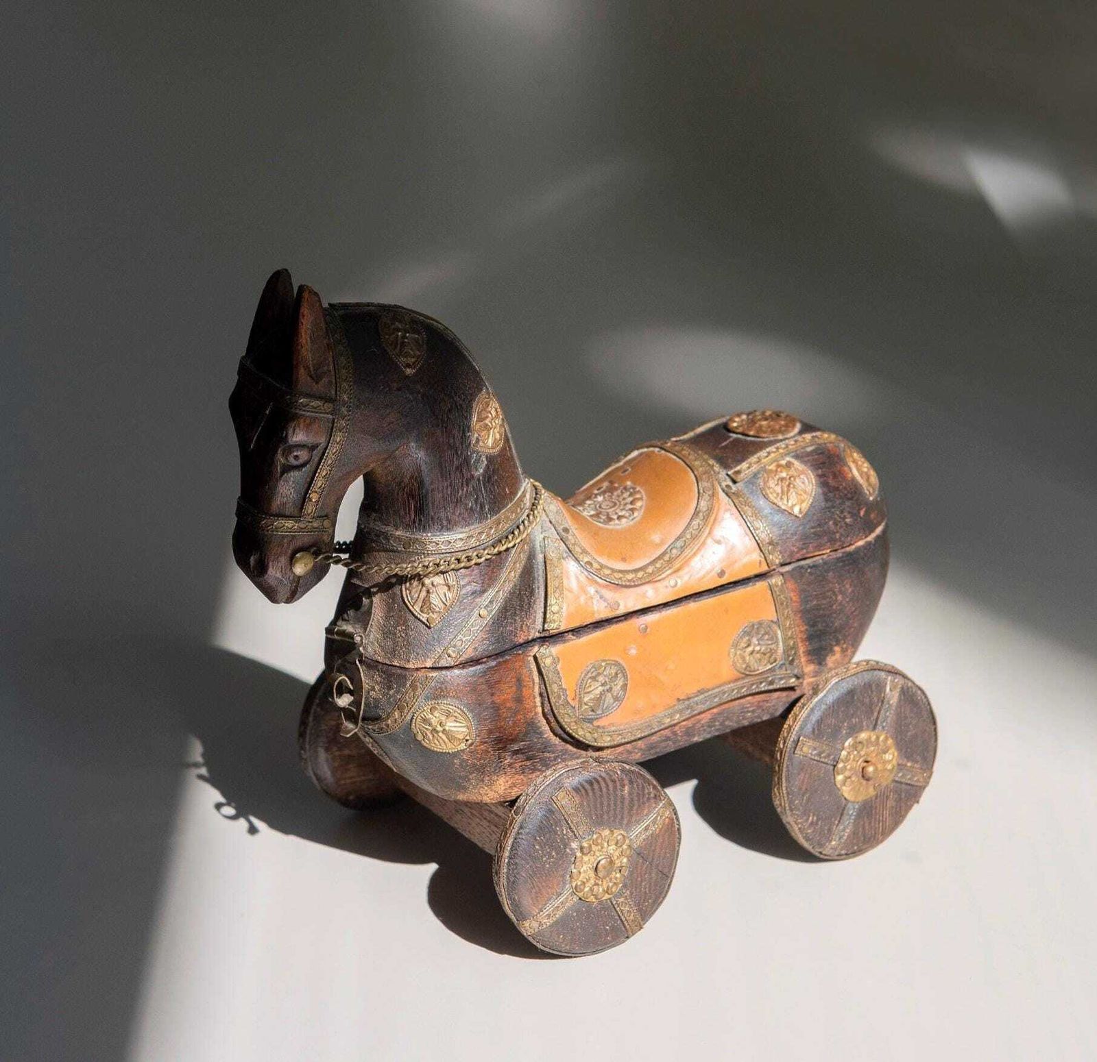 Antique Indian Wooden Horse On Wheels – Brass & Copper Decorated Horse – Folk Art Storage Box