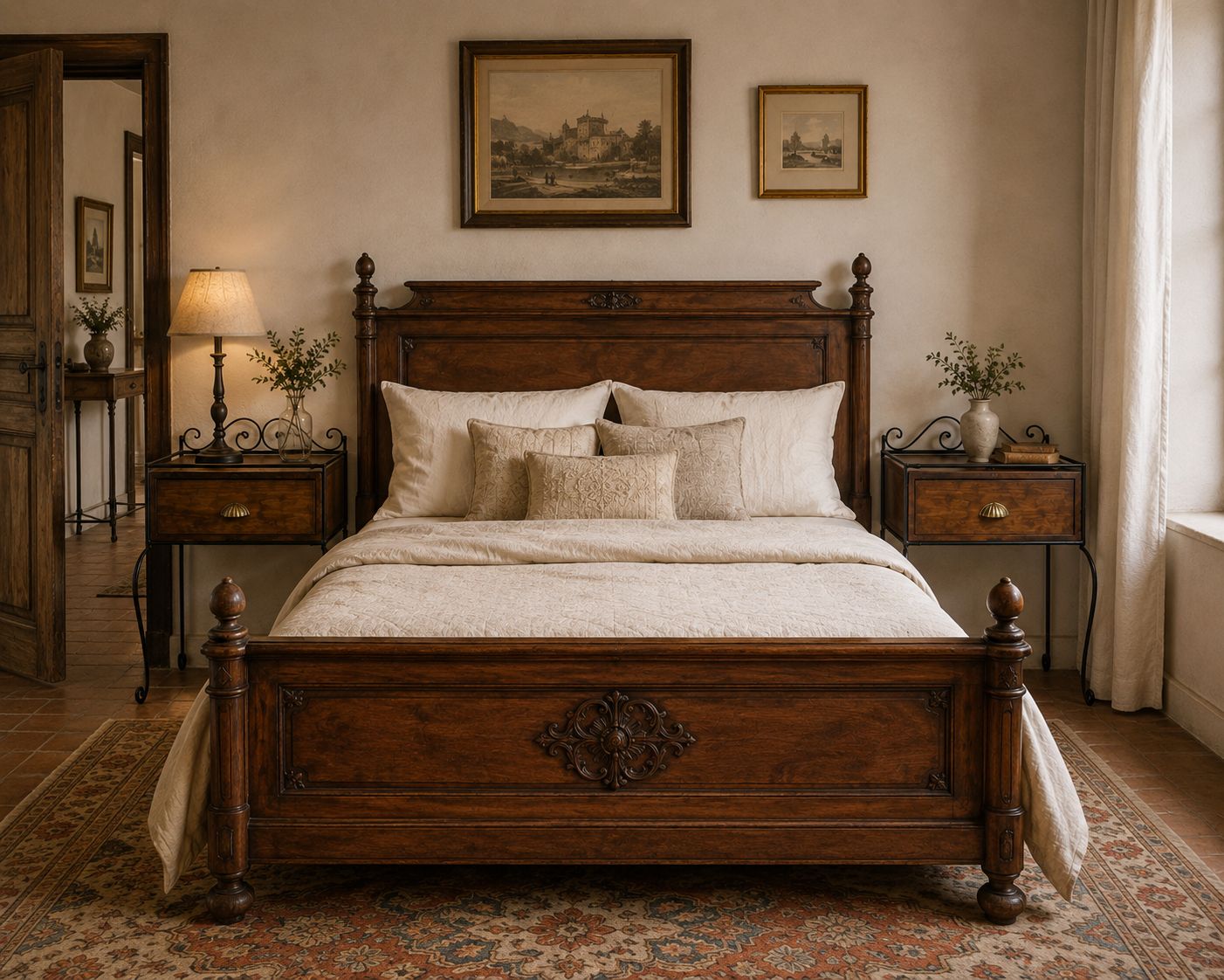 Pair Of Vintage Spanish Bedside Tables In Walnut And Wrought Iron With Brass Handles photo furniture