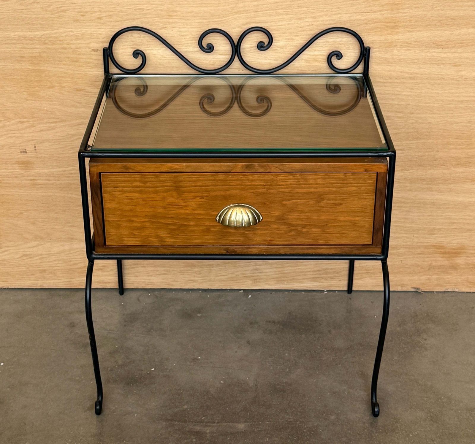 Pair Of Vintage Spanish Bedside Tables In Walnut And Wrought Iron With Brass Handles photo 1786.0