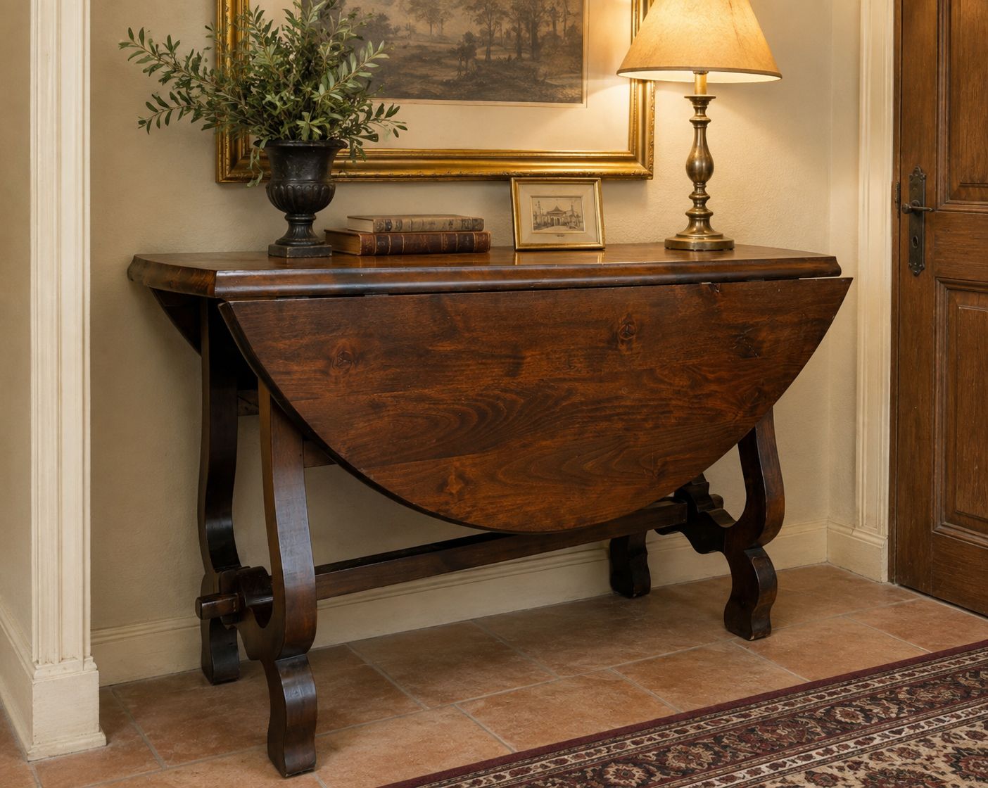 Antique Folding Console Table With Lyre Shaped Legs, Convertible Into A Round Dining Table photo furniture