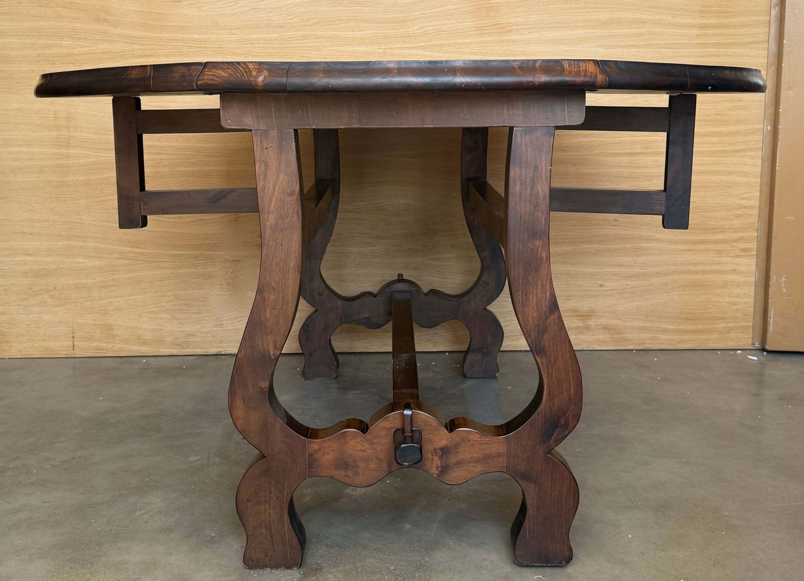 photo furniture Antique Folding Console Table With Lyre Shaped Legs, Convertible Into A Round Dining Table