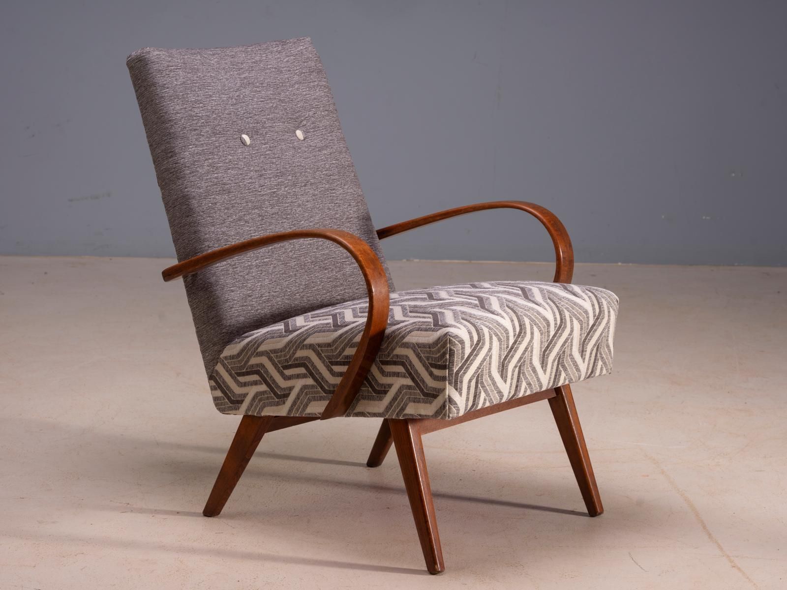 Restored Bentwood Armchairs By Jaroslav šmídek, Pair, Czechoslovakia, New Grey & Beige Upholstery, 61 × 82 × 81 Cm photo for sale