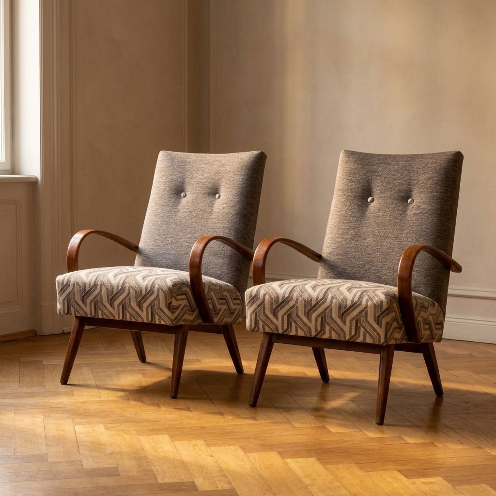 Nagezien en opgeknapt bentwood fauteuils van Jaroslav Šmídek, paar, Tsjecho-Slowakije, nieuwe grijze en beige bekleding, 61 × 82 × 81 cm photo vinterior