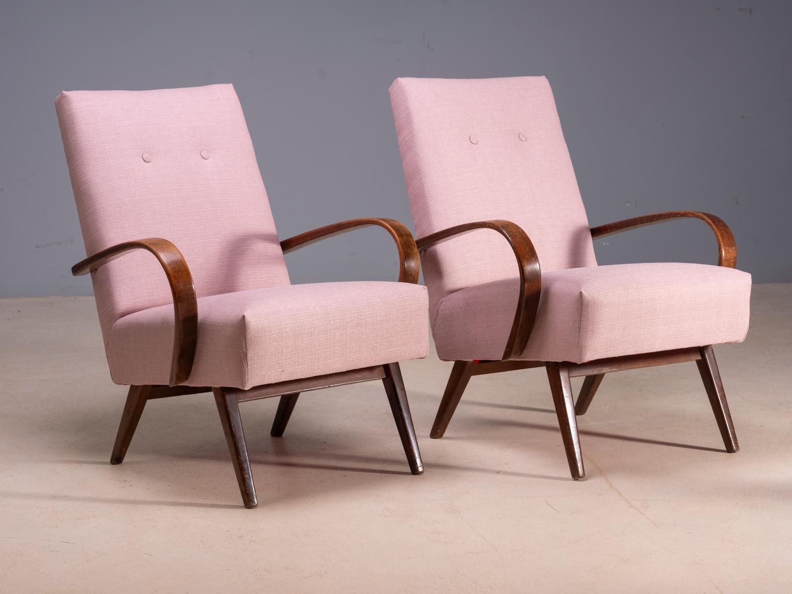 Restored Bentwood Armchairs By Jaroslav šmídek, Pair, Czechoslovakia, New Pink Upholstery, 61 × 82 × 81 Cm photo furniture