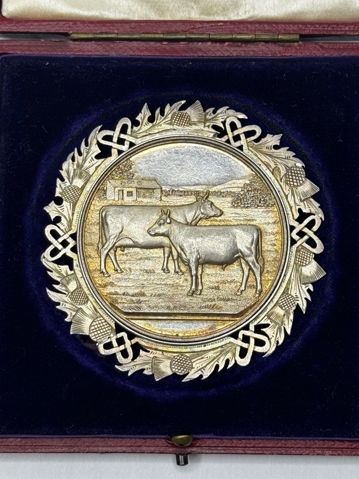 Victoriaanse Schotse zilveren landbouwprijsmedaille Ayrshire koe, kalf en stier photo for sale