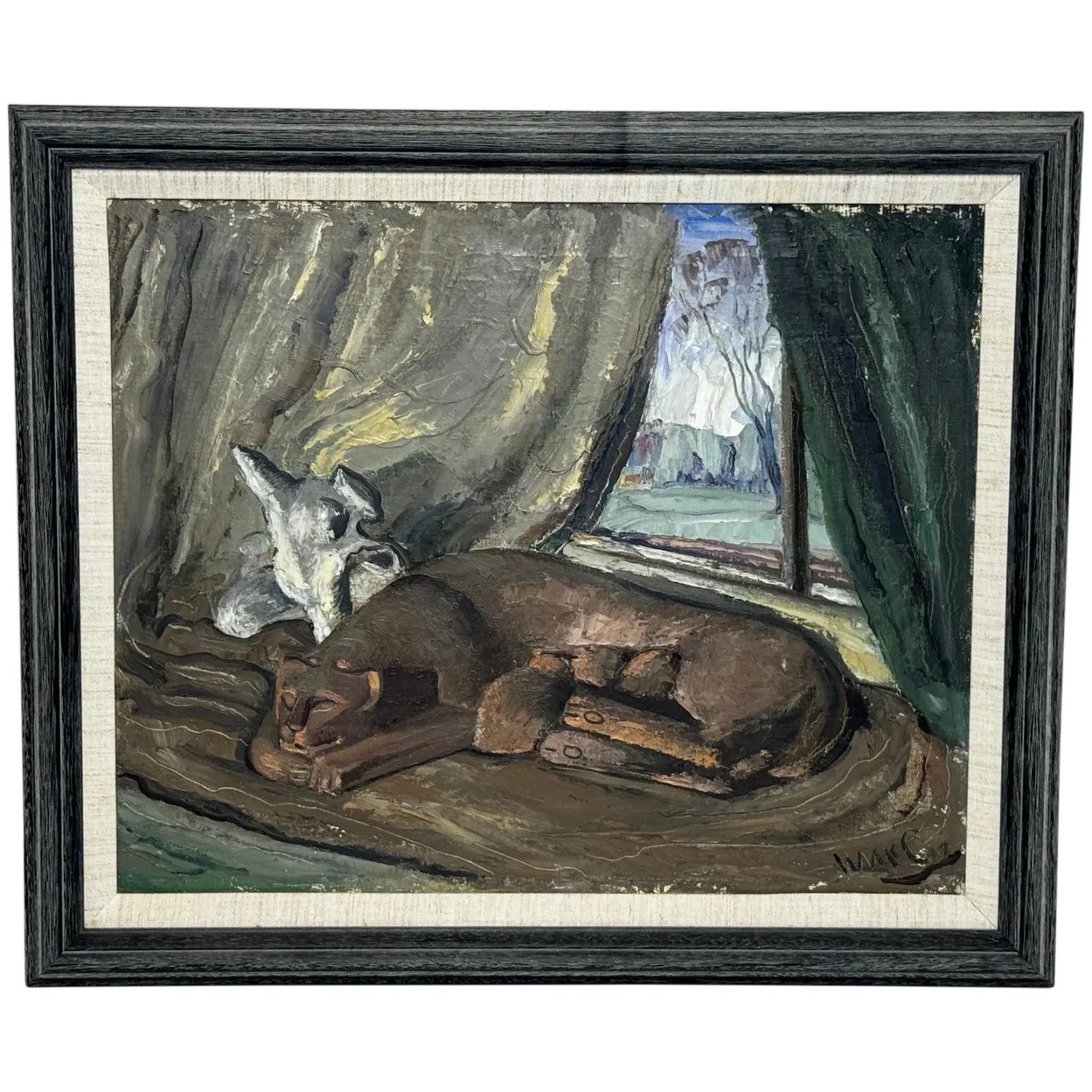 Mid-Century Schots olieverfschilderij moederkat met kittens, A Moment Of Nurture, gesigneerd William McCance