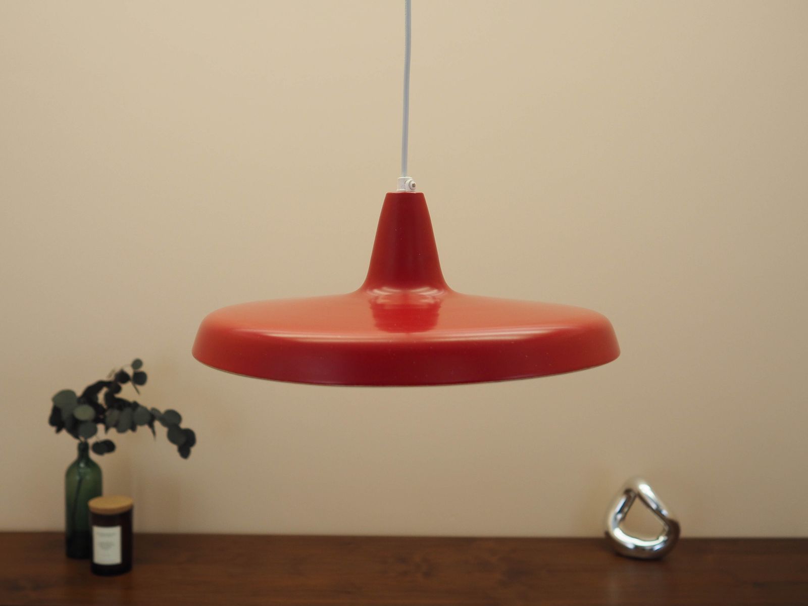 Danish Industrial Pendant Lamp In Red Metal, Scandinavian Modern Design, 1960s photo for sale