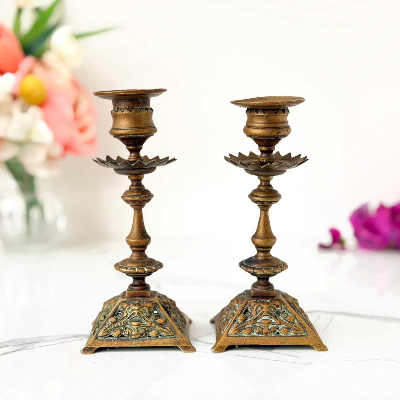 Antique Victorian Brass Candlesticks Ornate Face Mask Holders C.1880 photo for sale