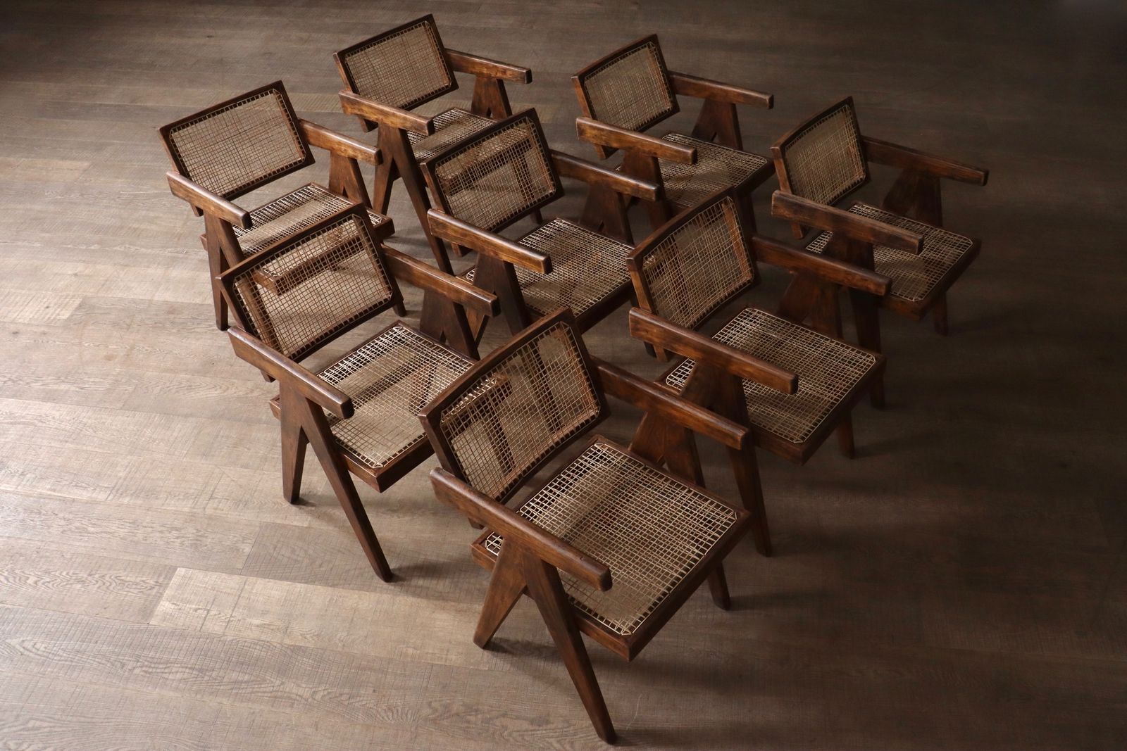 Set Of 8 Pierre Jeanneret Office Cane Chairs, India 1950s photo furniture