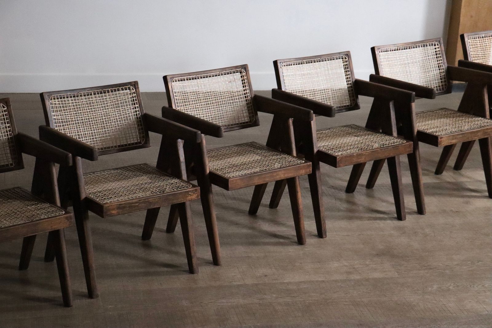 32500.0 Set Of 8 Pierre Jeanneret Office Cane Chairs, India 1950s photo