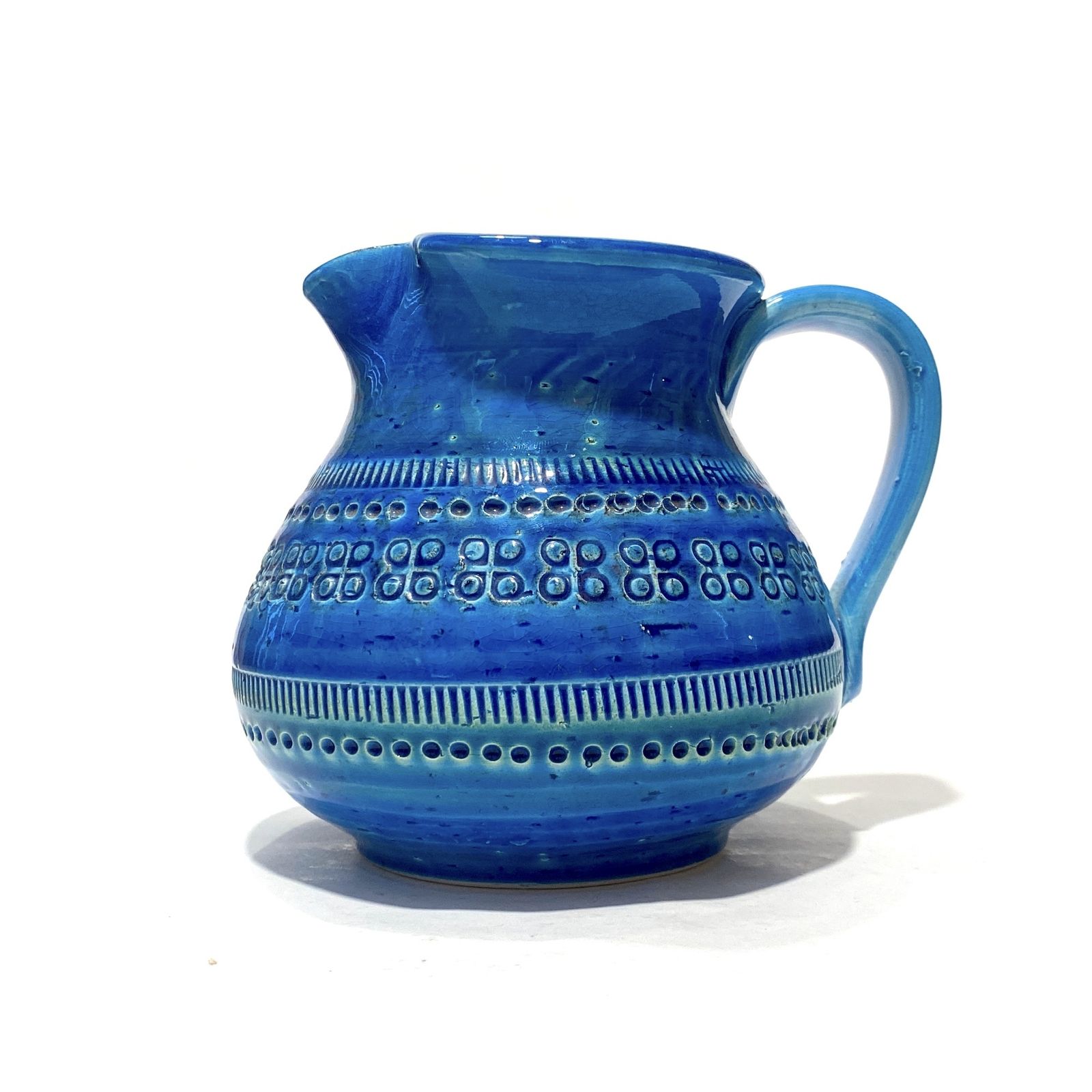 Flavia Montelupo Bitossi kan/vaas in Rimini Blu glazuur, mid-century modern Italiaans aardewerk