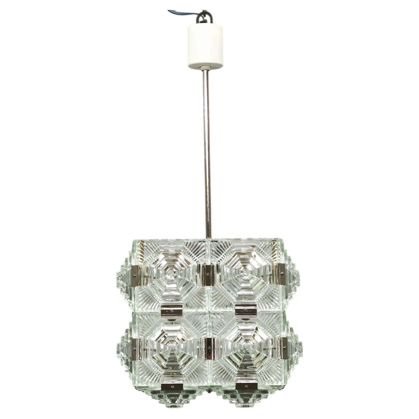 Brutalistische glazen kubus hanglamp ca. jaren 1970, Kamenický Šenov