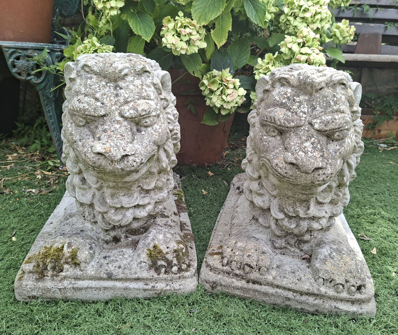 Pair Of Antique Stone Recumbent Guardian Lions photo for sale