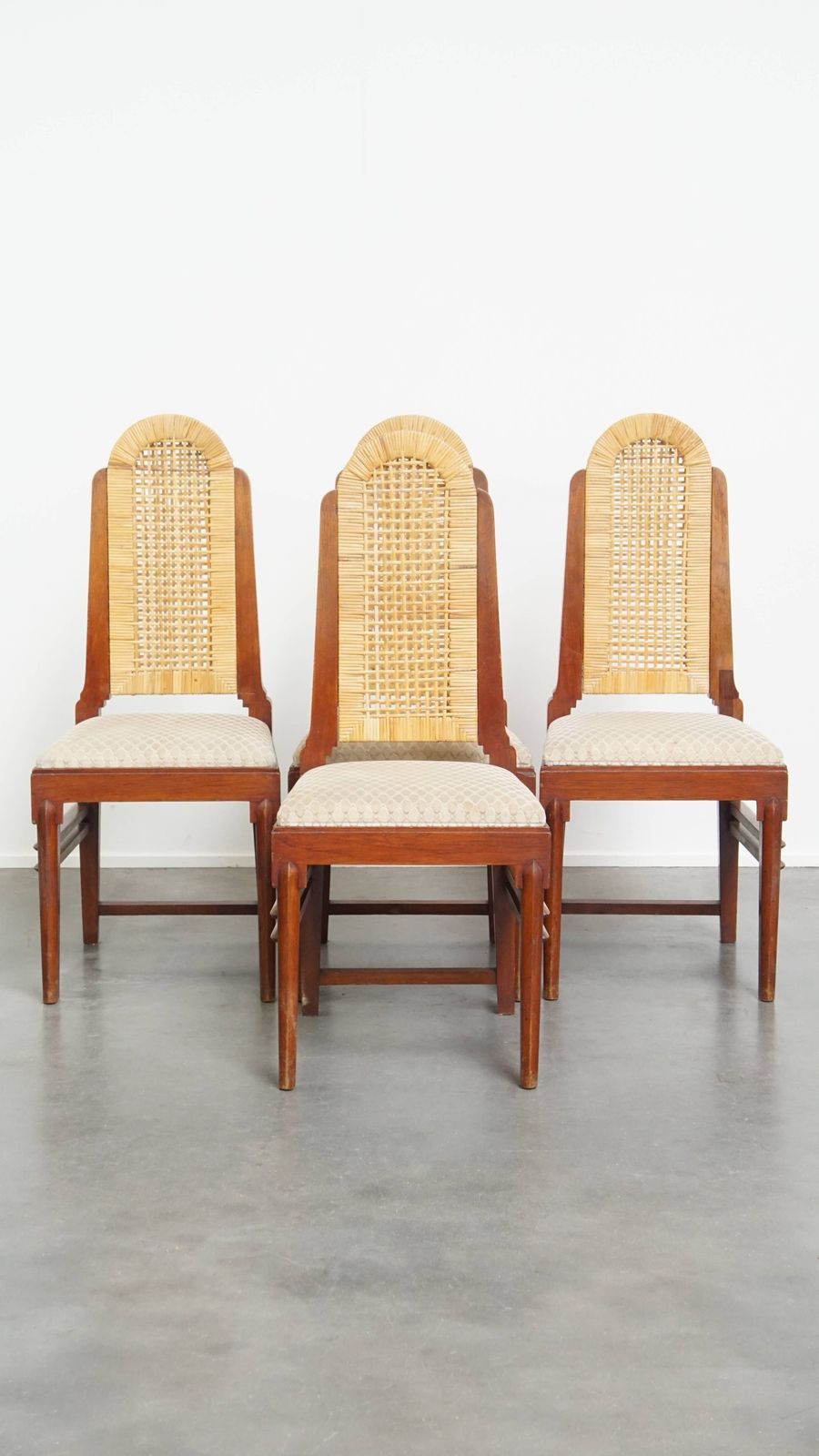 Unique Set Of Four Wicker Art Deco Design Dining Chairs With A High Back And Removable Fabric Seat photo furniture
