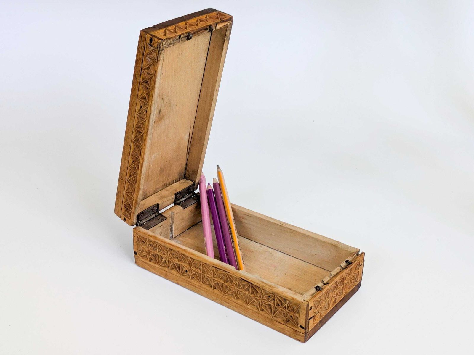 Antique Tramp Folk Art Carved Wood File Lidded Jewelry Box Or Desk Storage photo buy