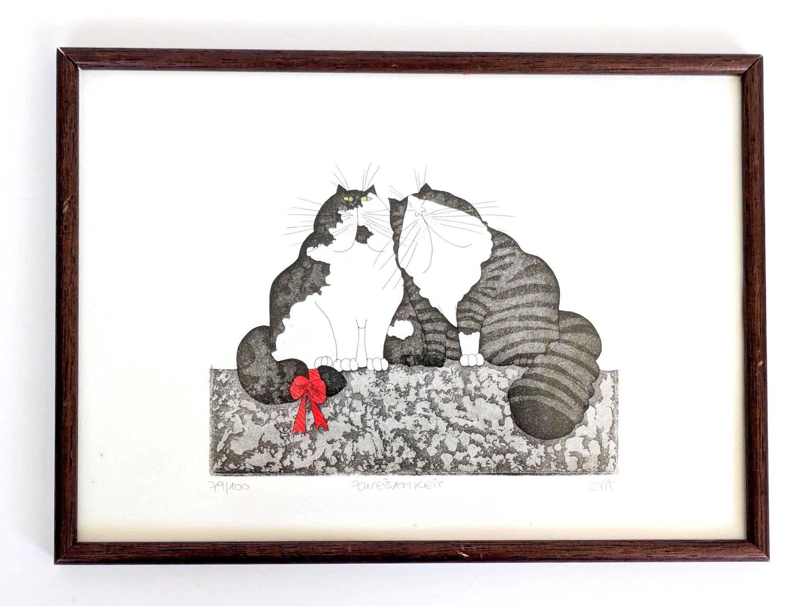 Eva Ziolkowski gesigneerde ets van katten, genummerd 79/100, "Zweisamkeit", ingelijst wandkunst photo furniture