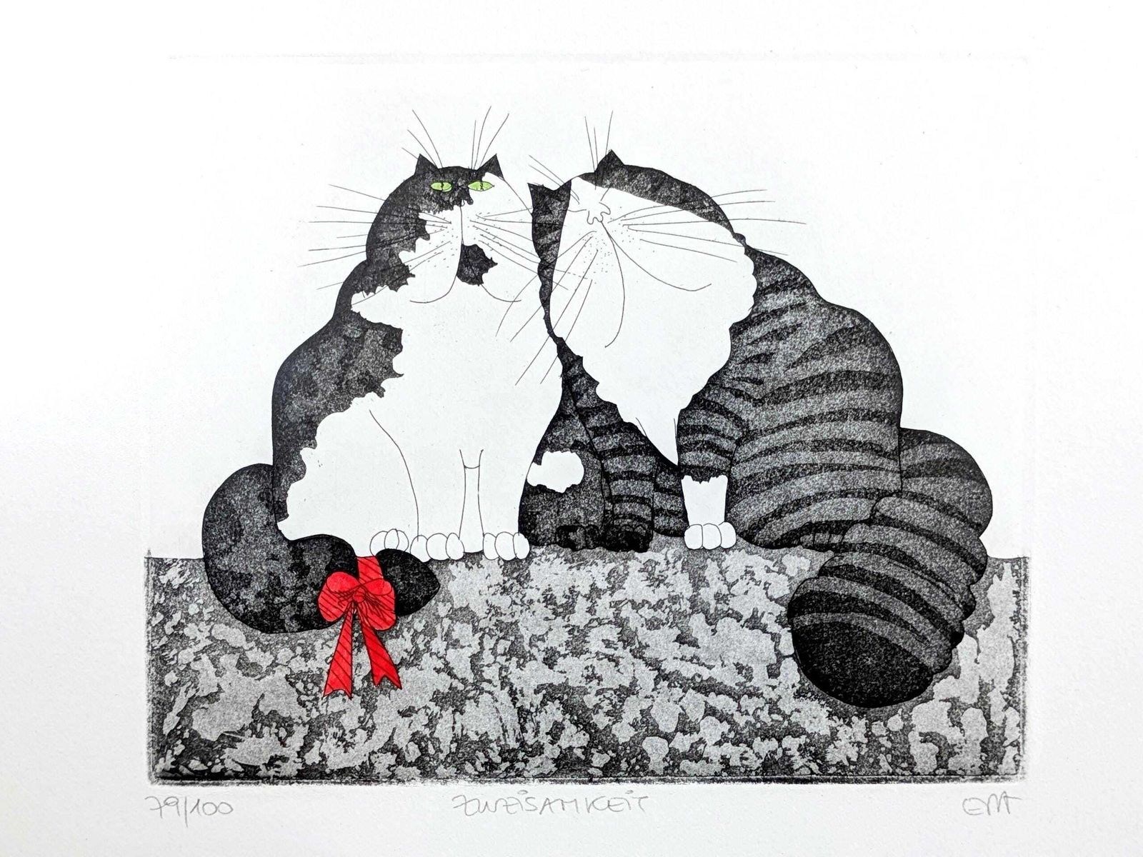 Eva Ziolkowski gesigneerde ets van katten, genummerd 79/100, "Zweisamkeit", ingelijst wandkunst photo for sale