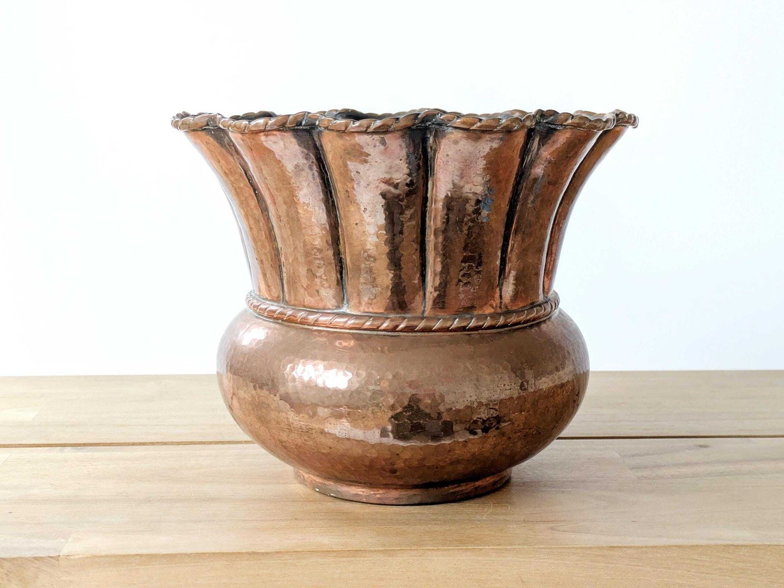 Midcentury Italian Copper Planter: Hand Hammered Design With Scalloped Rim And Cord Detail