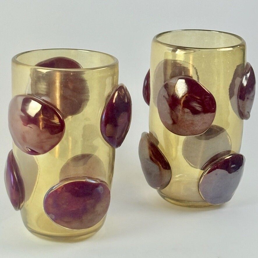 Paire de vases en verre de Murano transparent doré, applications rouges, fin du XXe siècle