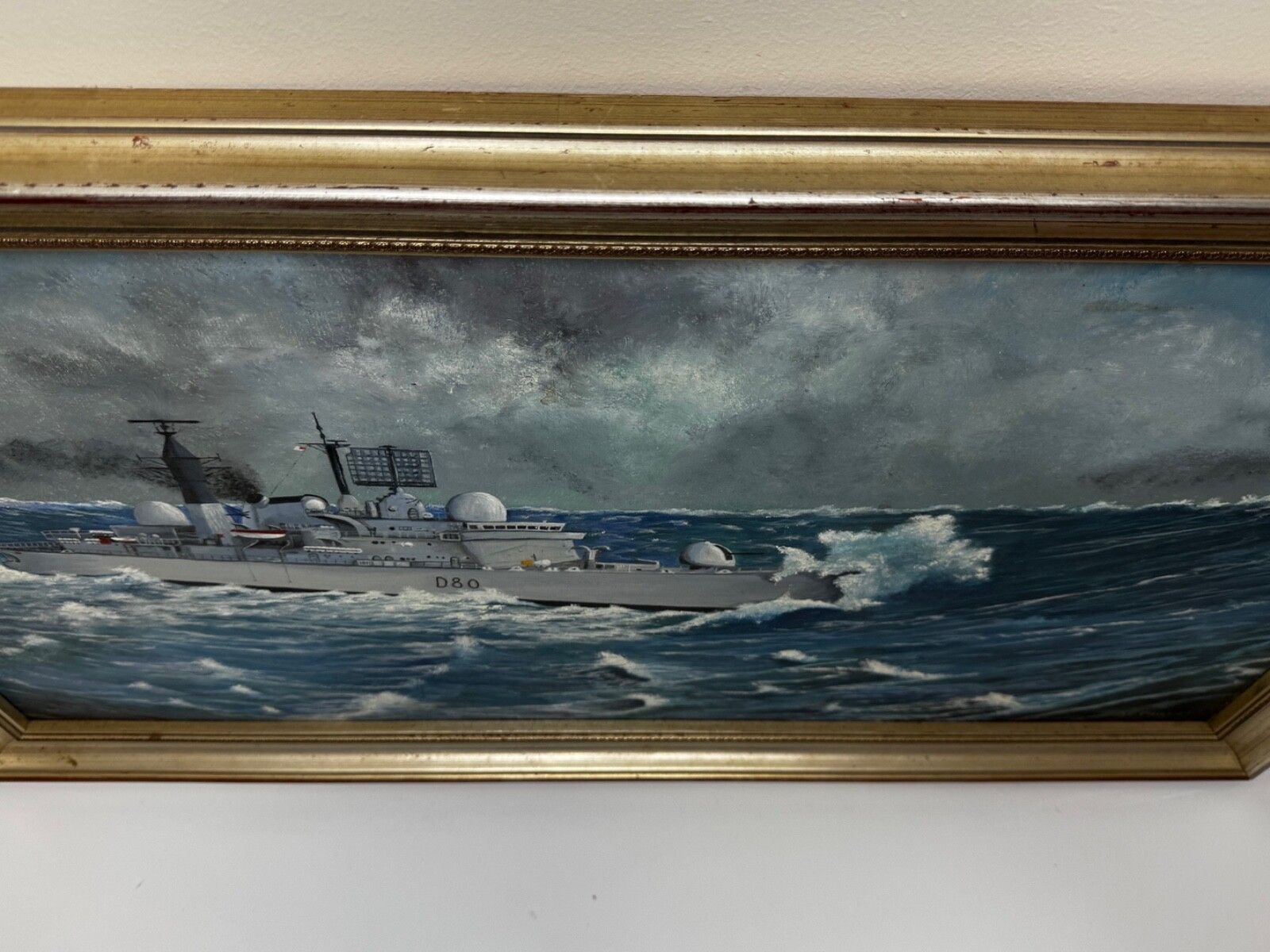 Olieverfschilderij HMS Sheffield D80 Falklandsoorlog Royal Navy, gesigneerd door A E Phillips photo vinterior