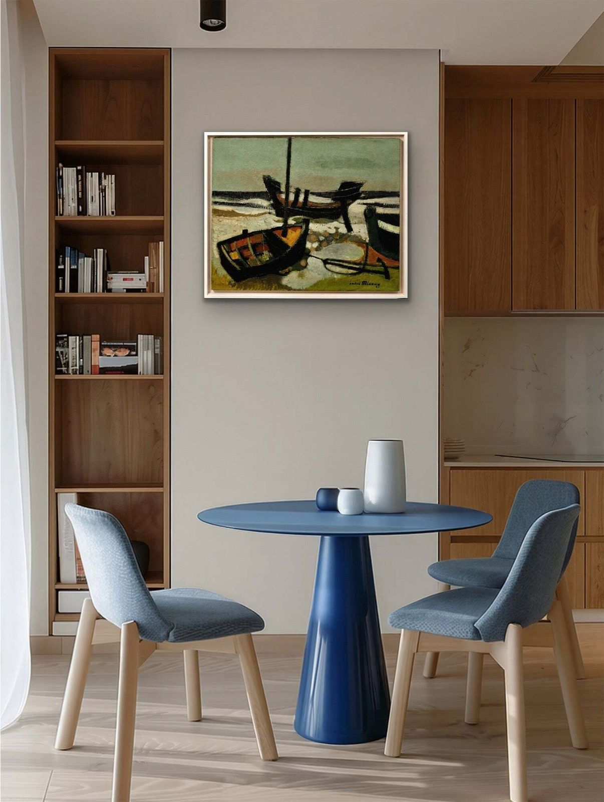 André Minaux, 1923-1986. Les Barques échouées, 1963. Peinture à l'huile française encadrée représentant des barques échouées sur une plage. photo vinterior