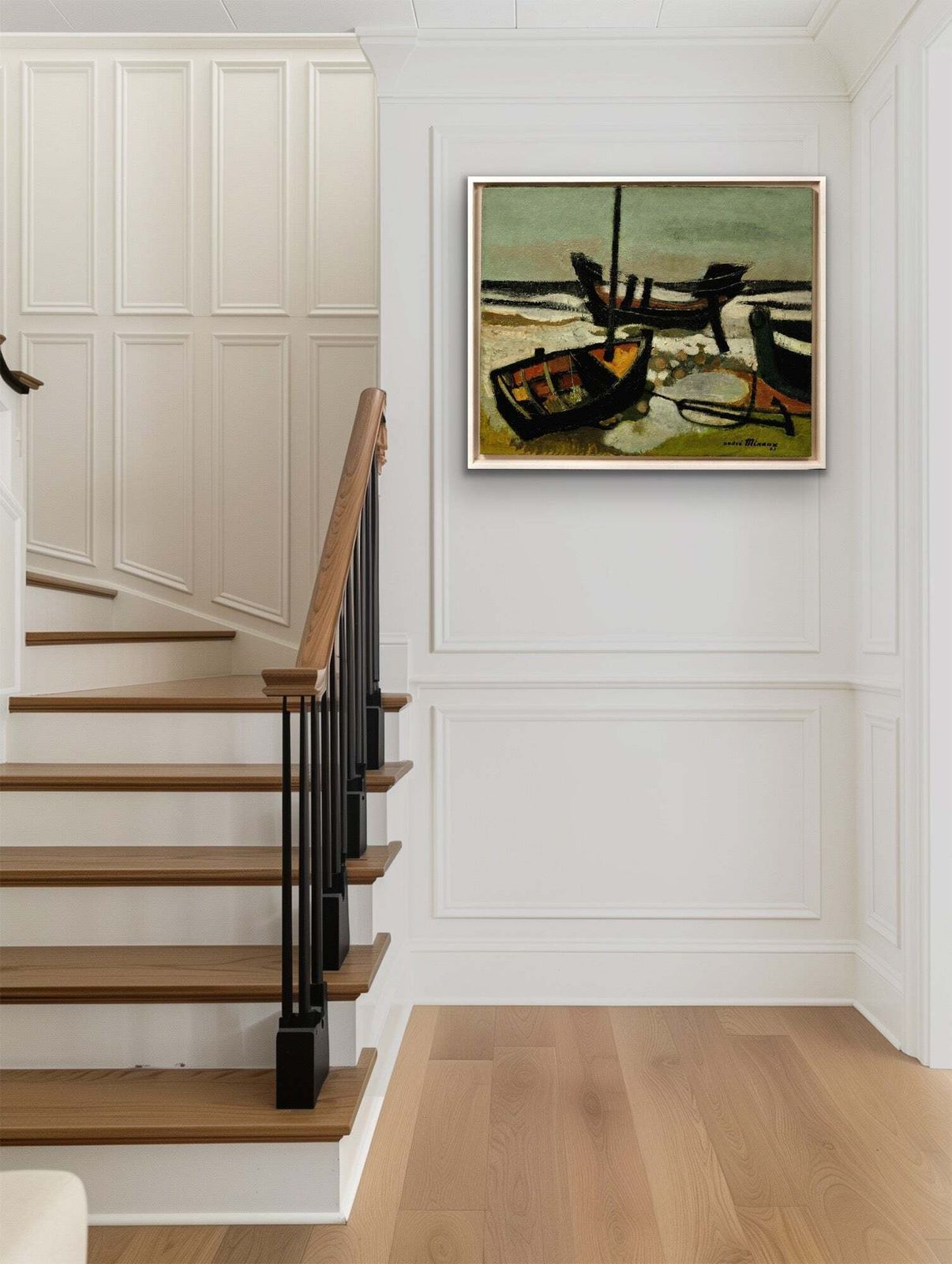 photo furniture André Minaux, 1923-1986. Les Barques échouées, 1963. Peinture à l'huile française encadrée représentant des barques échouées sur une plage.
