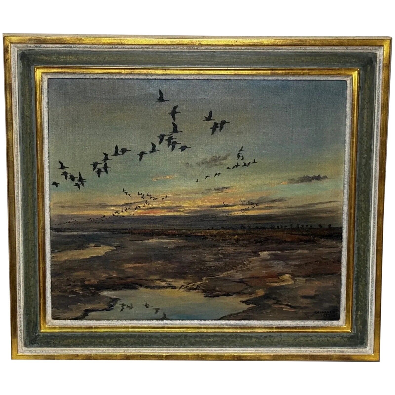 Mid Century Hugh Monahan 1954 Brent Geese Holbeach Marsh Wildlife Oil Painting