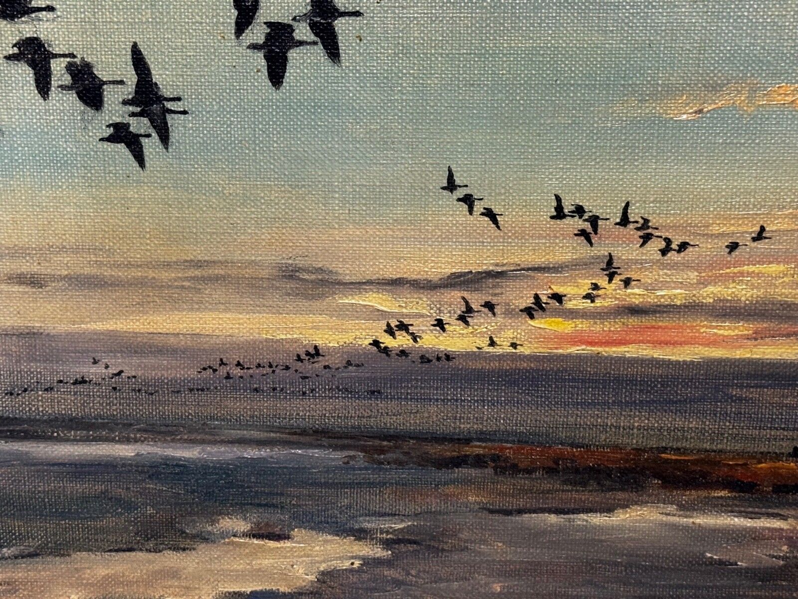 Mid Century Hugh Monahan 1954 Brent Geese Holbeach Marsh Wildlife Oil Painting photo for sale