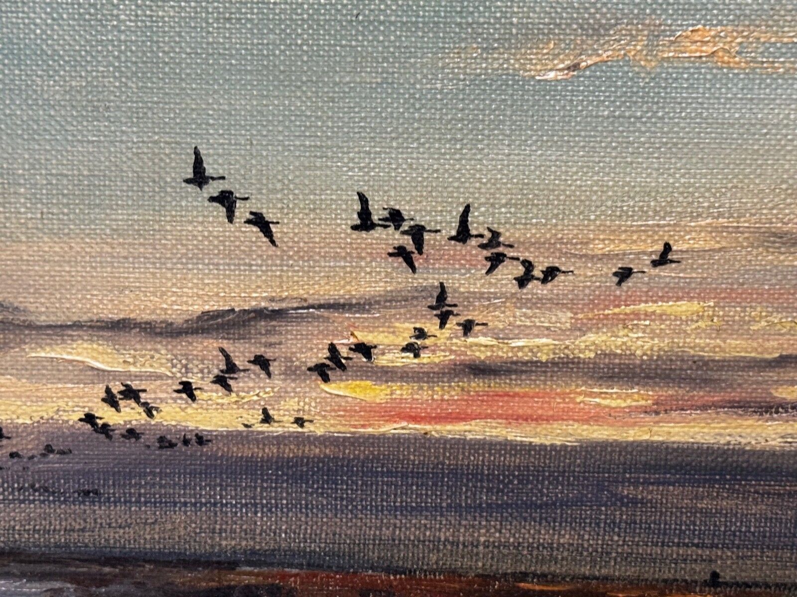 Mid Century Hugh Monahan 1954 Brent Geese Holbeach Marsh Wildlife Olieverfschilderij photo 5000.0