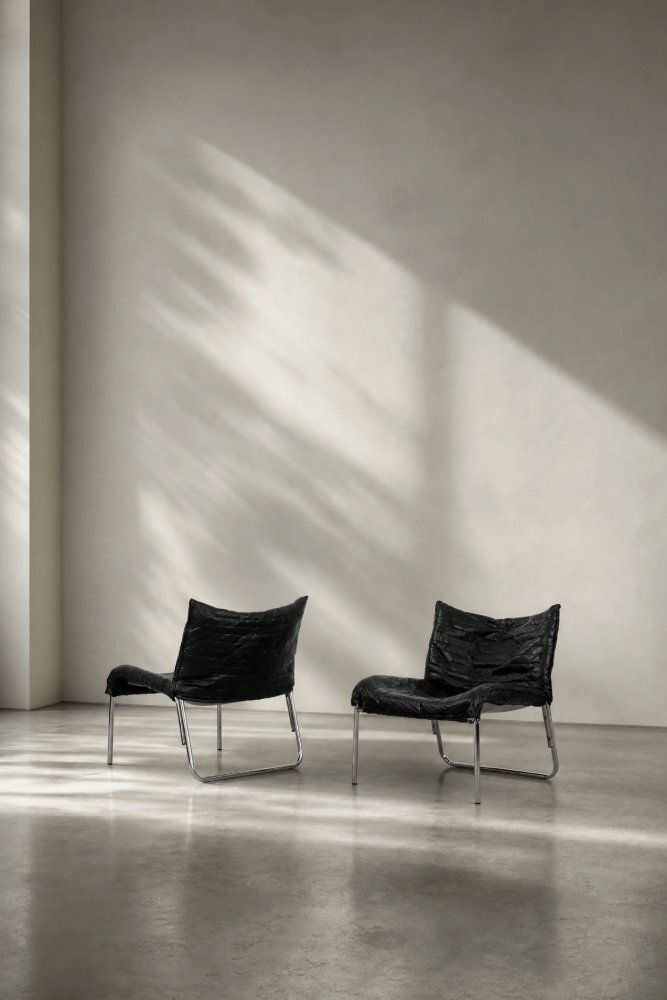 photo for sale Mid Century Scandinavian Modern zwarte patchwork leren lounge fauteuils van Ikea, jaren 1980, set van 2