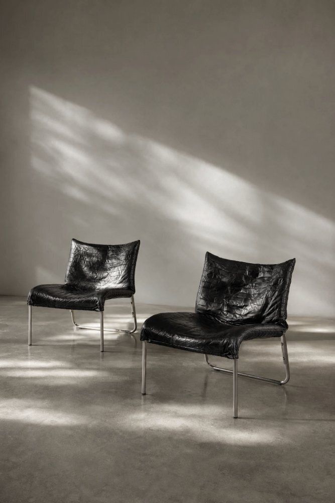 2417.0 Fauteuils lounge mid-century modern scandinaves en cuir patchwork noir, IKEA, années 1980, lot de 2 photo