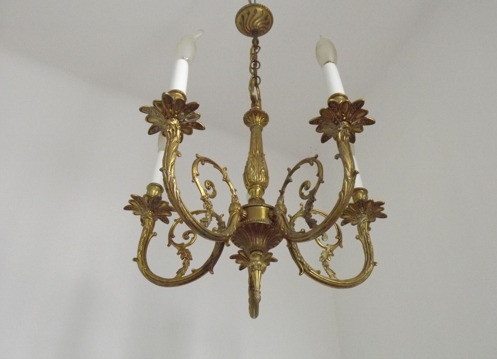 Elegante Franse bronzen Art Nouveau kroonluchter met 5 lichtpunten