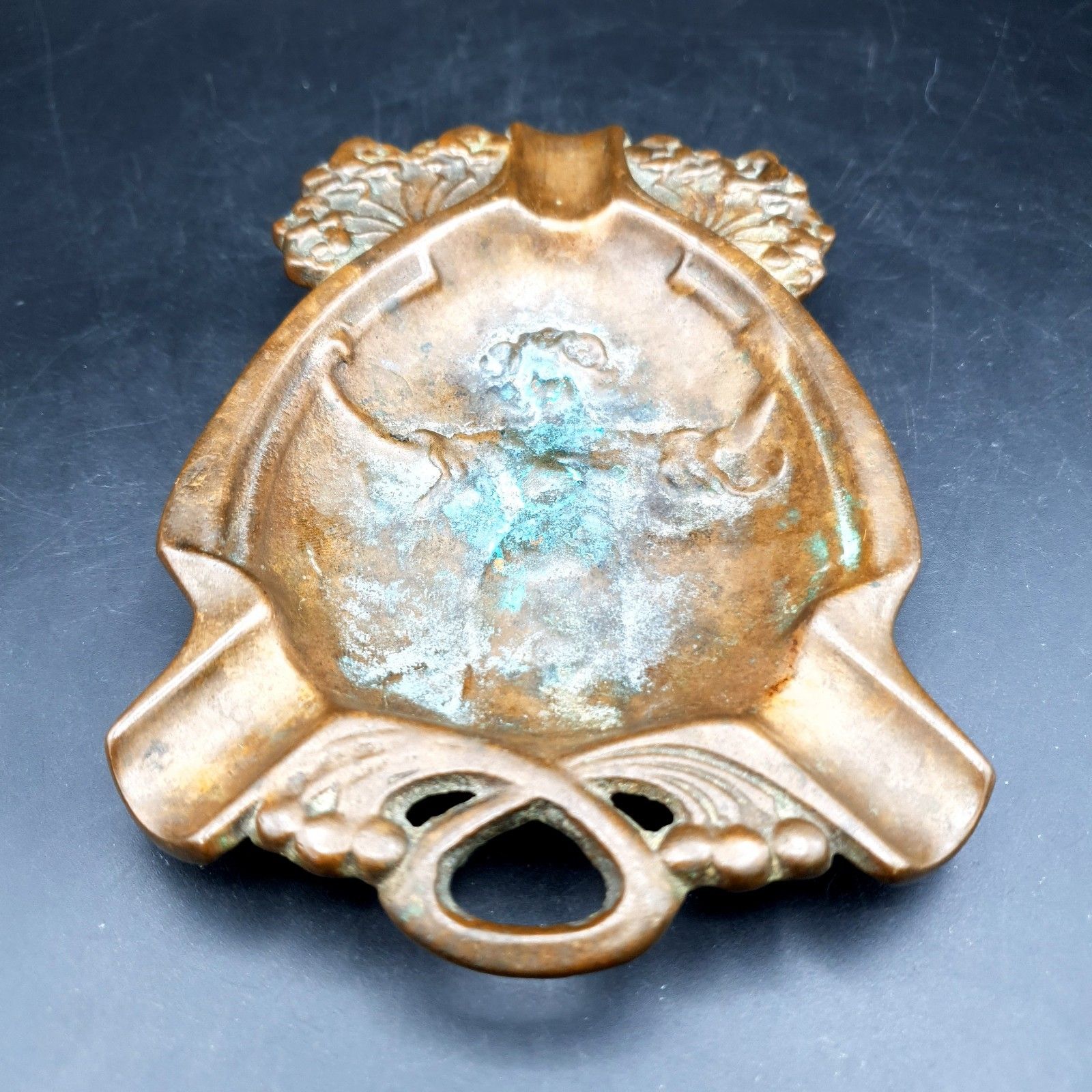 Antique Art Nouveau Bronze Figural Ashtray Vide Poche Lady Woman Floral C.1900