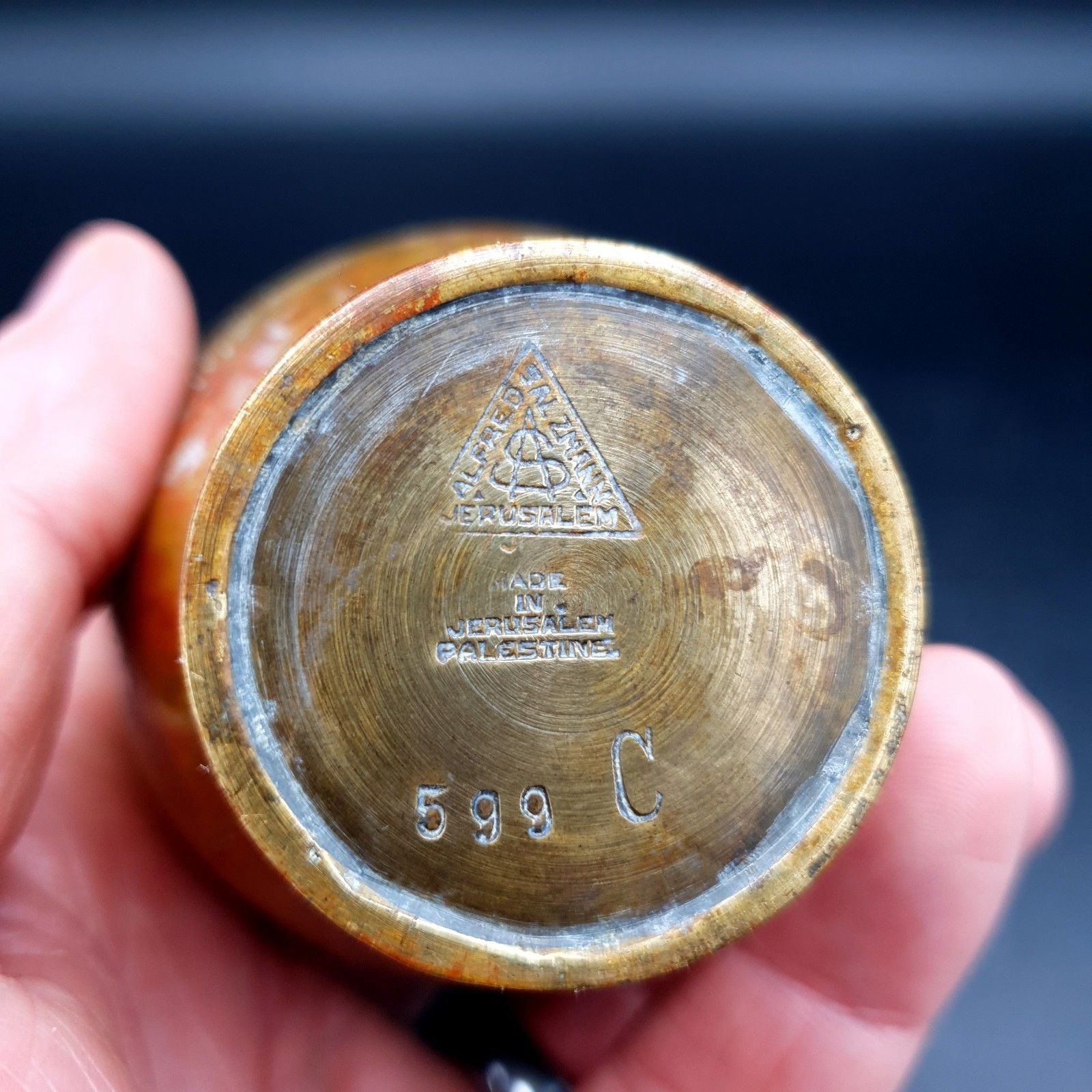 Antique Alfred Salzmann Jerusalem Palestine Brass Bird Vase C 599 C.1930 10.6cm photo vintage
